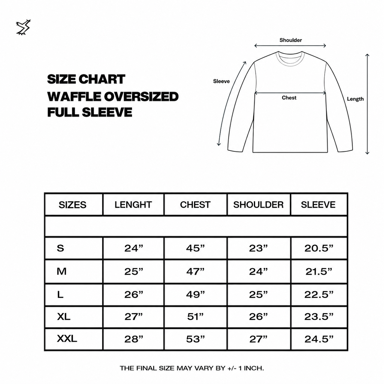 Size chart white pony waffle knit